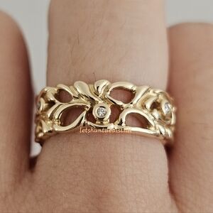 Pandora 14K Vine Grape Leaf With 5 Diamonds Ring 150114D. Size 7.